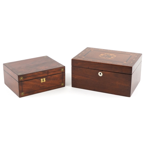 2581 - Victorian Tunbridge Ware inlaid workbox and one other Victorian workbox with brass inlay, housing a ... 