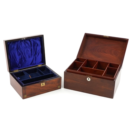 2581 - Victorian Tunbridge Ware inlaid workbox and one other Victorian workbox with brass inlay, housing a ... 