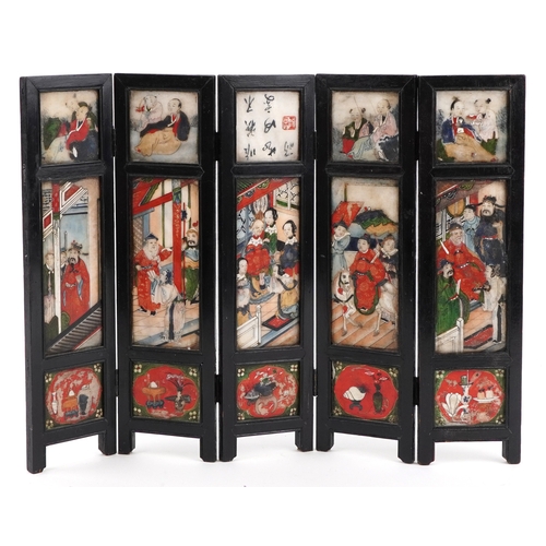 249 - Chinese hardstone and ebonised five fold table screen hand painted with emperors with attendants, ch... 