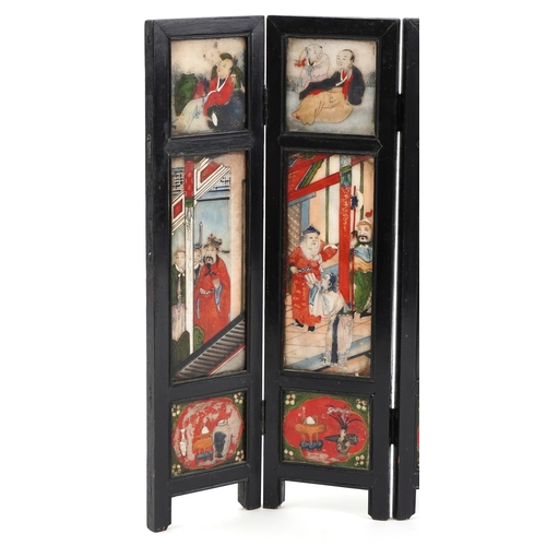 249 - Chinese hardstone and ebonised five fold table screen hand painted with emperors with attendants, ch... 