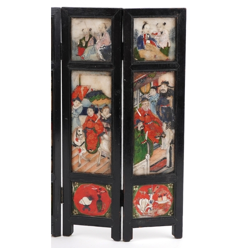 249 - Chinese hardstone and ebonised five fold table screen hand painted with emperors with attendants, ch... 