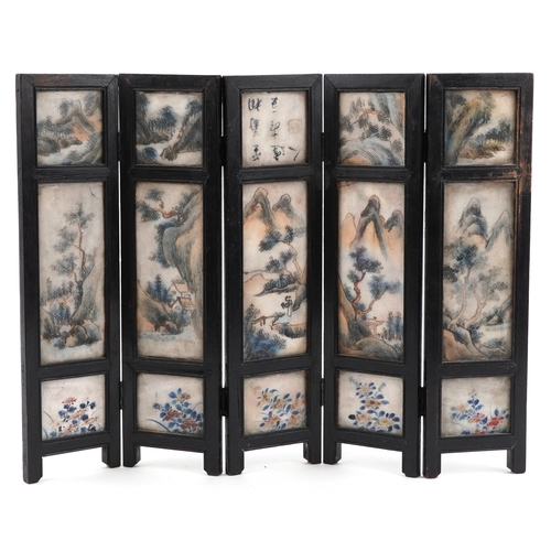 249 - Chinese hardstone and ebonised five fold table screen hand painted with emperors with attendants, ch... 