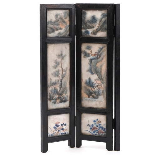 249 - Chinese hardstone and ebonised five fold table screen hand painted with emperors with attendants, ch... 