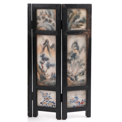 249 - Chinese hardstone and ebonised five fold table screen hand painted with emperors with attendants, ch... 