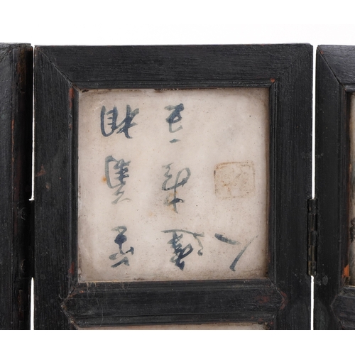 249 - Chinese hardstone and ebonised five fold table screen hand painted with emperors with attendants, ch... 