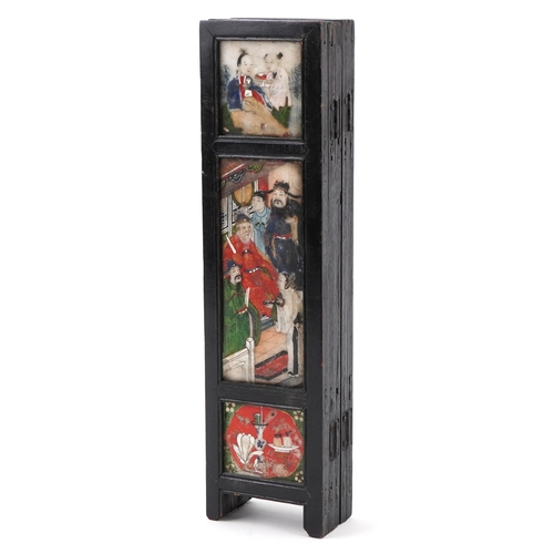 249 - Chinese hardstone and ebonised five fold table screen hand painted with emperors with attendants, ch... 