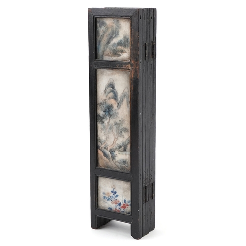 249 - Chinese hardstone and ebonised five fold table screen hand painted with emperors with attendants, ch... 