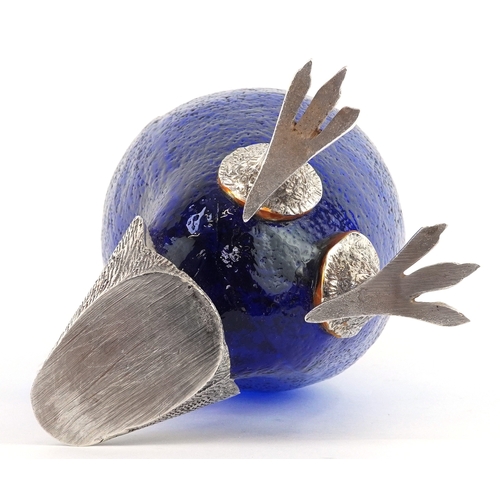 1028 - Novelty blue glass and silver plated claret jug in the form of an owl, 29cm high.