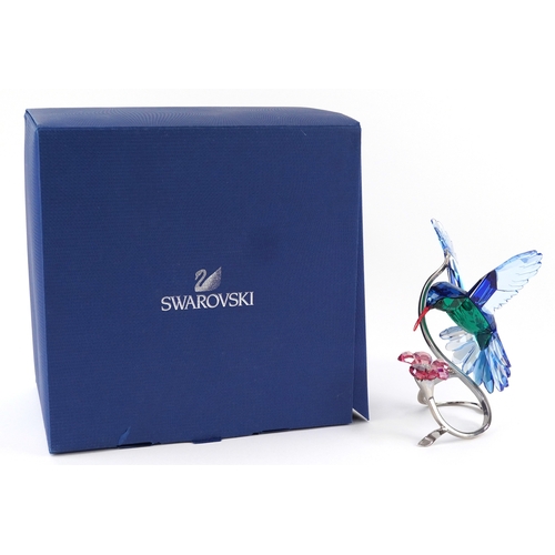 Swarovski coloured crystal Paradise Birds study of a kingfisher on a flower, 15.5cm high, with box.