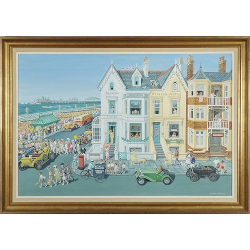 2109 - Michael Stringer - Eastbourne seafront, 20th century British school oil on canvas, signed, framed, 6... 