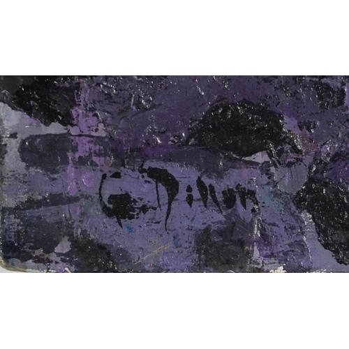 2147 - Abstract coastal scene, 20th century oil on board, bearing signature G Dillon, 39cm x 30cm.