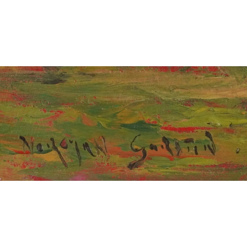 2148 - Coastal scene, 20th century oil on card, indistinctly signed, 25cm x 40cm.