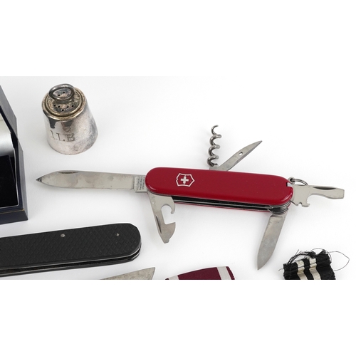 Sundry items including folding pocket knives, silver sports jewels ...