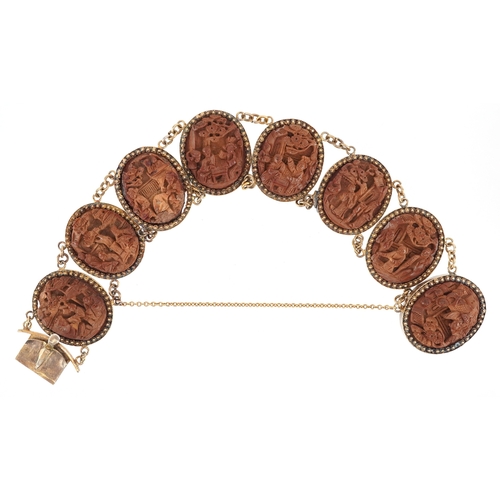 3056 - Antique and later jewellery including a Chinese yellow metal carved wood panel bracelet, gold plated... 