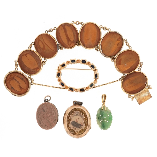 3056 - Antique and later jewellery including a Chinese yellow metal carved wood panel bracelet, gold plated... 