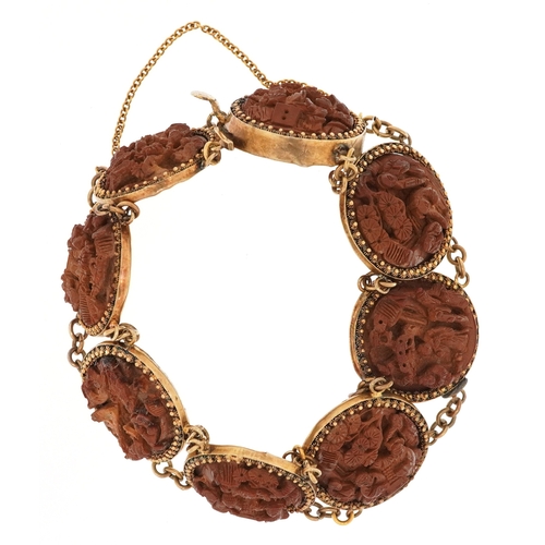 3056 - Antique and later jewellery including a Chinese yellow metal carved wood panel bracelet, gold plated... 