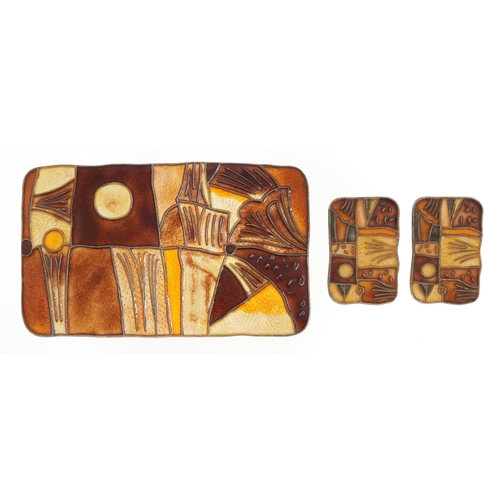 David Andersen, Norwegian sterling silver and enamel brooch with matching clip on earrings, 6.1cm wide, total 33.6g.