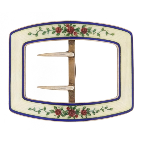 Marius Hammer, Norwegian sterling silver guilloche enamel buckle hand painted with roses, 8cm wide, 47.0g.