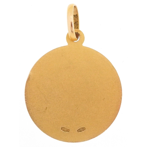 3008 - 18ct gold religious interest pendant relief decorated with a Madonna, 3.5cm high, 7.4g.