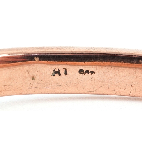 3022 - 9ct rose gold engine turned hinged bangle, 6.5cm wide, 7.8g.