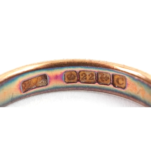 3017 - 22ct gold wedding band, Birmingham 1927, size O, 5.6g.