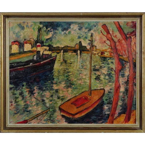 2131 - Abstract composition, boats on a lake, oil on board, framed, 56cm x 45cm.