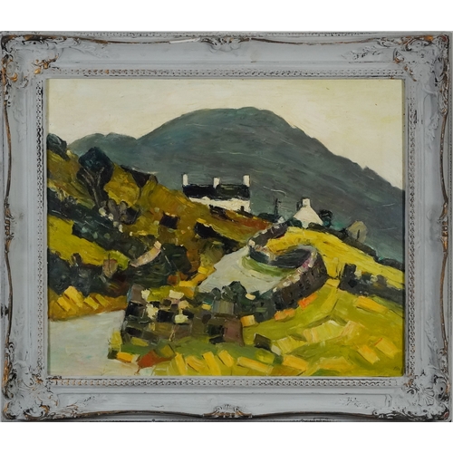 2149 - Manner of Kyffin Williams, abstract composition, houses by a hill, oil on canvas, framed, 59cm x 49c... 