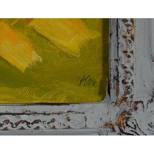 2149 - Manner of Kyffin Williams, abstract composition, houses by a hill, oil on canvas, framed, 59cm x 49c... 