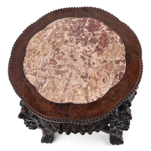53 - Chinese carved hardwood plant stand with inset marble top, raised on ball and claw feet, 46cm high x... 