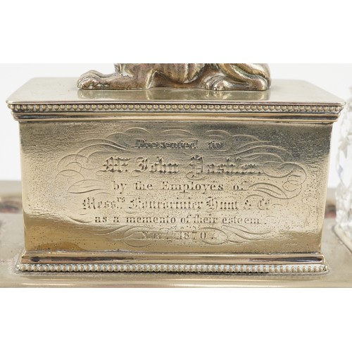 525 - Victorian Mappin Brothers silver plated desk stand with a pair of cut crystal inkwells, mounted with... 