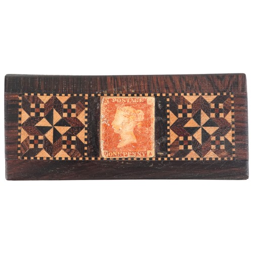 62 - Collection of Victorian Tunbridge Ware objects including stamp box, cribbage board, tape measure cas... 