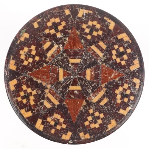 62 - Collection of Victorian Tunbridge Ware objects including stamp box, cribbage board, tape measure cas... 