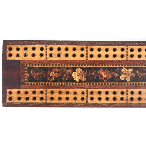 62 - Collection of Victorian Tunbridge Ware objects including stamp box, cribbage board, tape measure cas... 