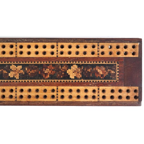 62 - Collection of Victorian Tunbridge Ware objects including stamp box, cribbage board, tape measure cas... 