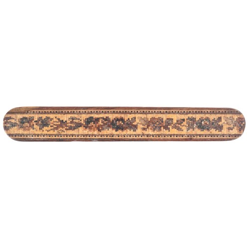 62 - Collection of Victorian Tunbridge Ware objects including stamp box, cribbage board, tape measure cas... 