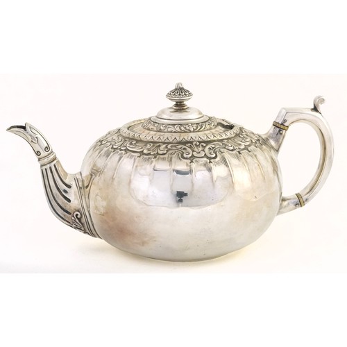 467 - James Dixon & Son Ltd., Edwardian silver pumpkin shaped teapot with embossed foliate decoration, She... 