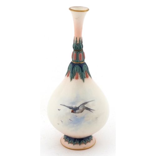 25 - Early 20th century Royal Worcester bottleneck vase hand painted with swallows, moulded in relief wit... 