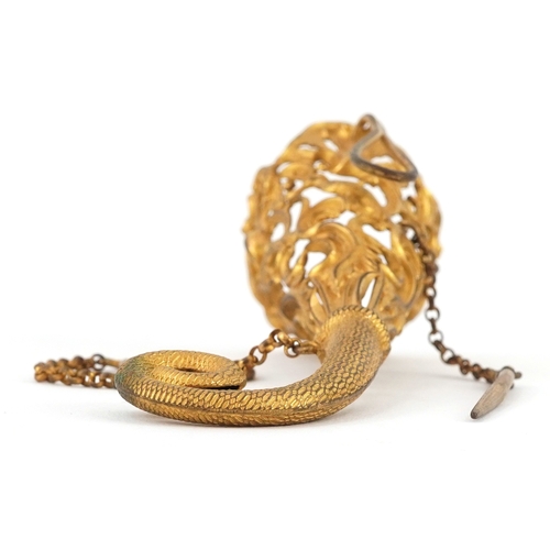 42 - 19th century gilt Tussie Mussie posy holder pierced with birds and foliage, 10cm wide.