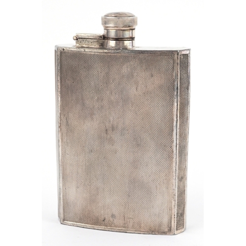 2519 - Walker & Hall silver plated engine turned hip flask, 14cm high.