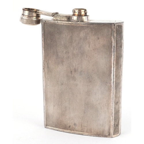2519 - Walker & Hall silver plated engine turned hip flask, 14cm high.