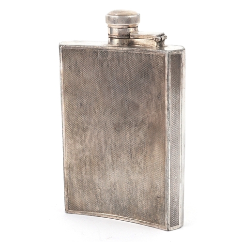 2519 - Walker & Hall silver plated engine turned hip flask, 14cm high.