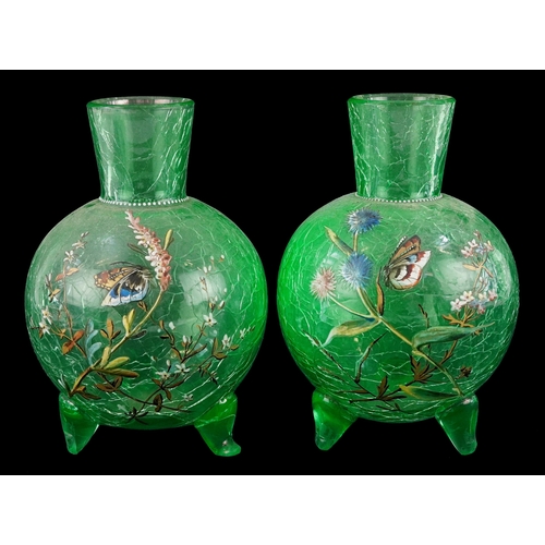 31 - Pair of Victorian uranium crackle glass vases hand painted with butterflies amongst flowers, 15cm hi... 
