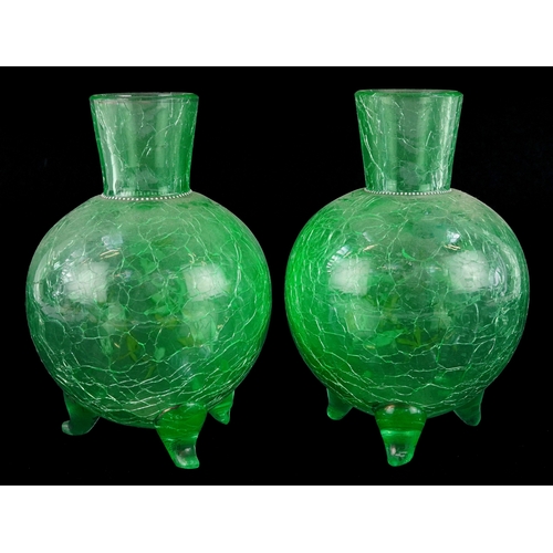 31 - Pair of Victorian uranium crackle glass vases hand painted with butterflies amongst flowers, 15cm hi... 