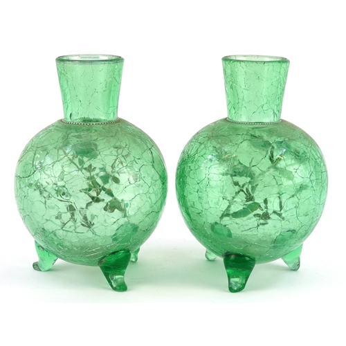 31 - Pair of Victorian uranium crackle glass vases hand painted with butterflies amongst flowers, 15cm hi... 