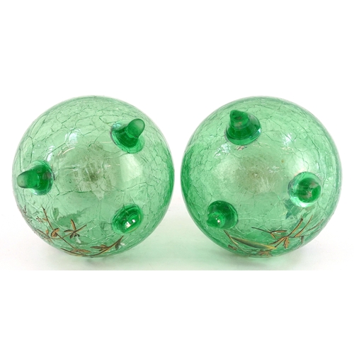31 - Pair of Victorian uranium crackle glass vases hand painted with butterflies amongst flowers, 15cm hi... 