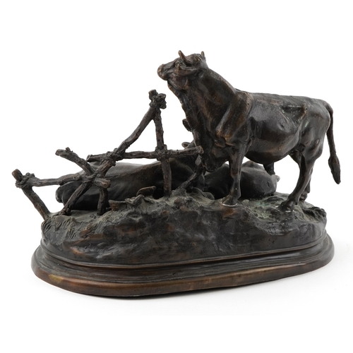 2 - After Jules Moigniez, patinated bronze study of cattle by a fence, 30cm wide.