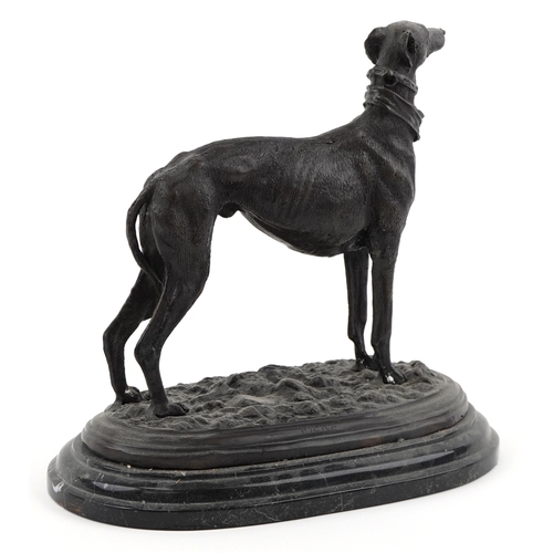 3 - After Mêne, patinated bronze study of a Greyhound on raised on a black marble base, 28cm high x 30cm... 
