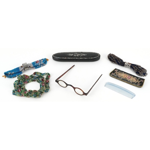 44 - Victorian sundry items including a micro beaded miser's purse with silver ring and a papier mâché la... 