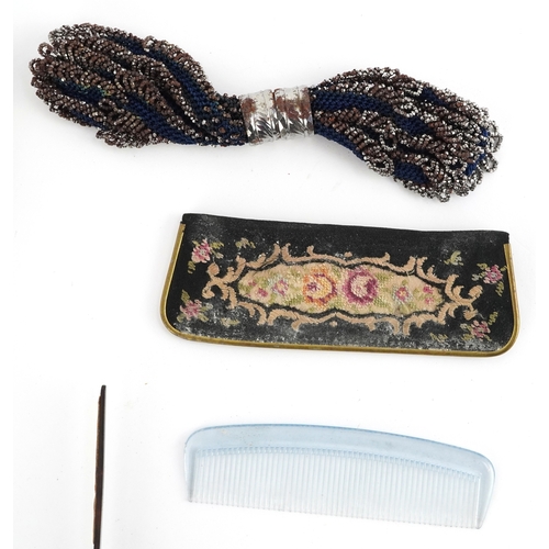 44 - Victorian sundry items including a micro beaded miser's purse with silver ring and a papier mâché la... 
