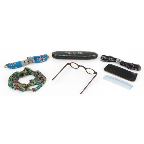 44 - Victorian sundry items including a micro beaded miser's purse with silver ring and a papier mâché la... 
